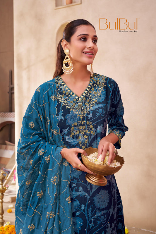 Rashmi Navy Hand Sequins and Bead Embellished Neckline and Zari Work Suit Set in Chanderi Silk with Pure Cotton Mul Lining