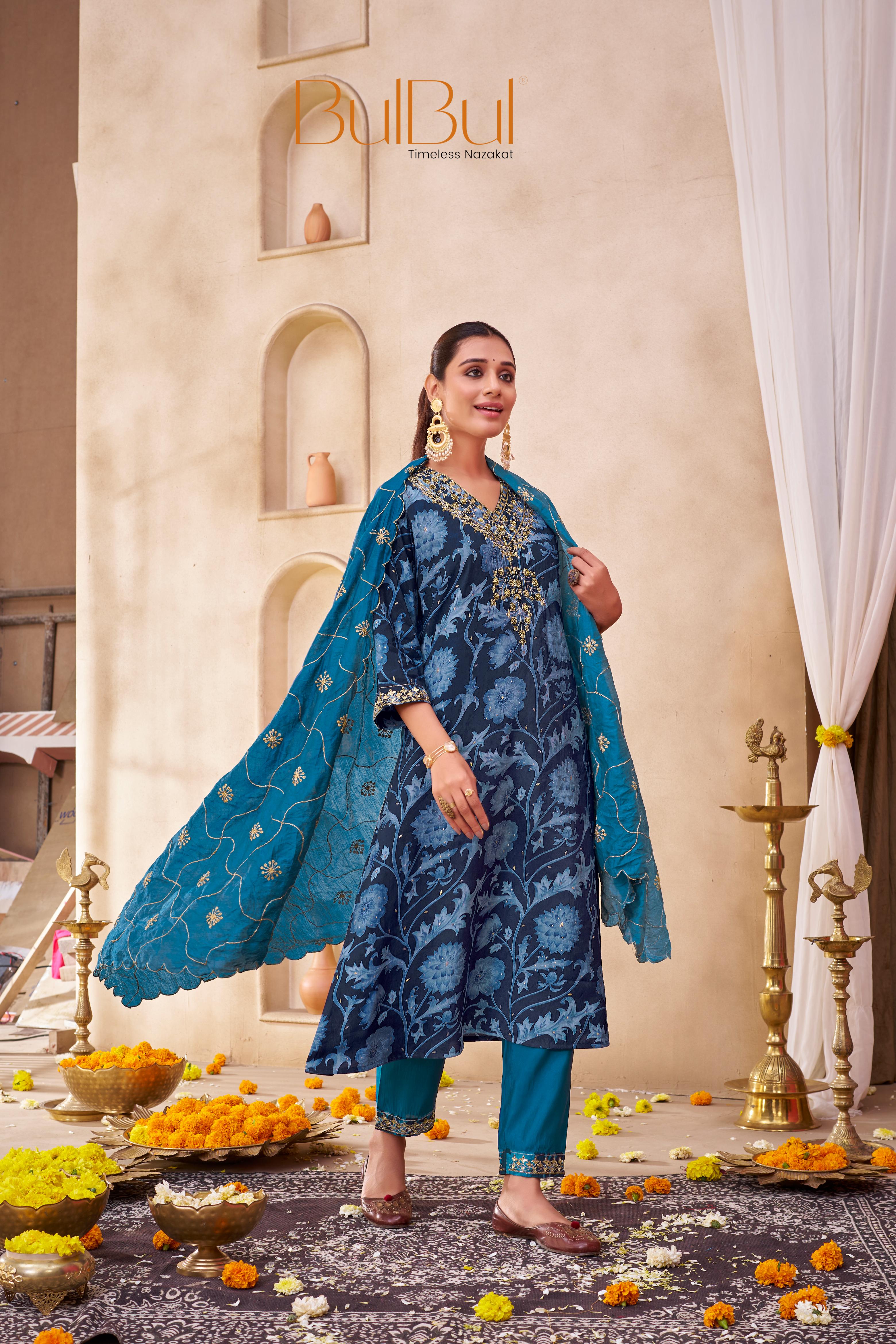 Rashmi Navy Hand Sequins and Bead Embellished Neckline and Zari Work Suit Set in Chanderi Silk with Pure Cotton Mul Lining