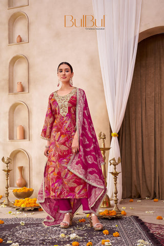 Rashmi Fuchsia Hand Zari and Sequins Embellished Work Suit Set in Chanderi Silk with Pure Cotton Mul Lining