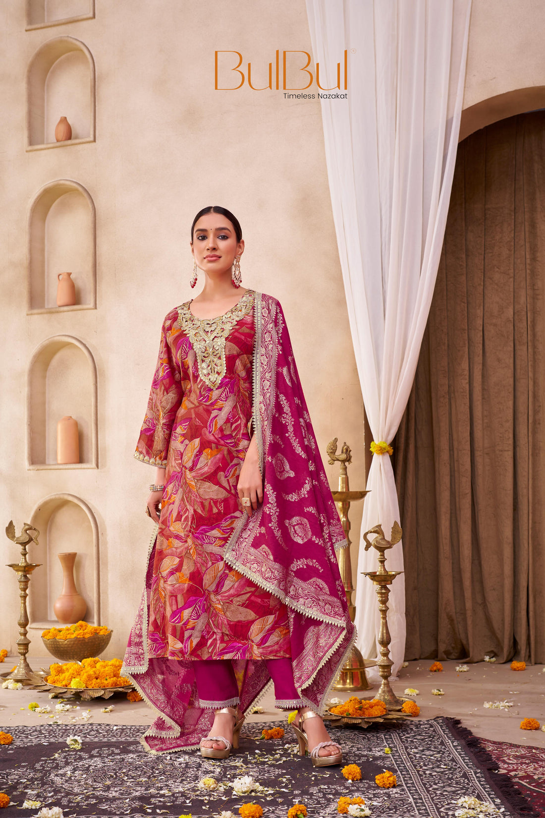 Rashmi Fuchsia Hand Zari and Sequins Embellished Work Suit Set in Chanderi Silk with Pure Cotton Mul Lining