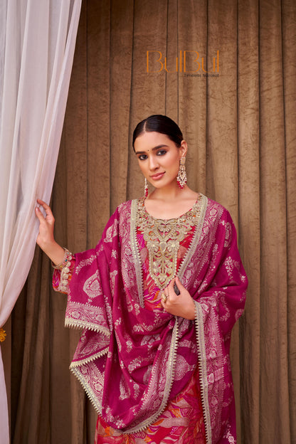 Rashmi Fuchsia Hand Zari and Sequins Embellished Work Suit Set in Chanderi Silk with Pure Cotton Mul Lining