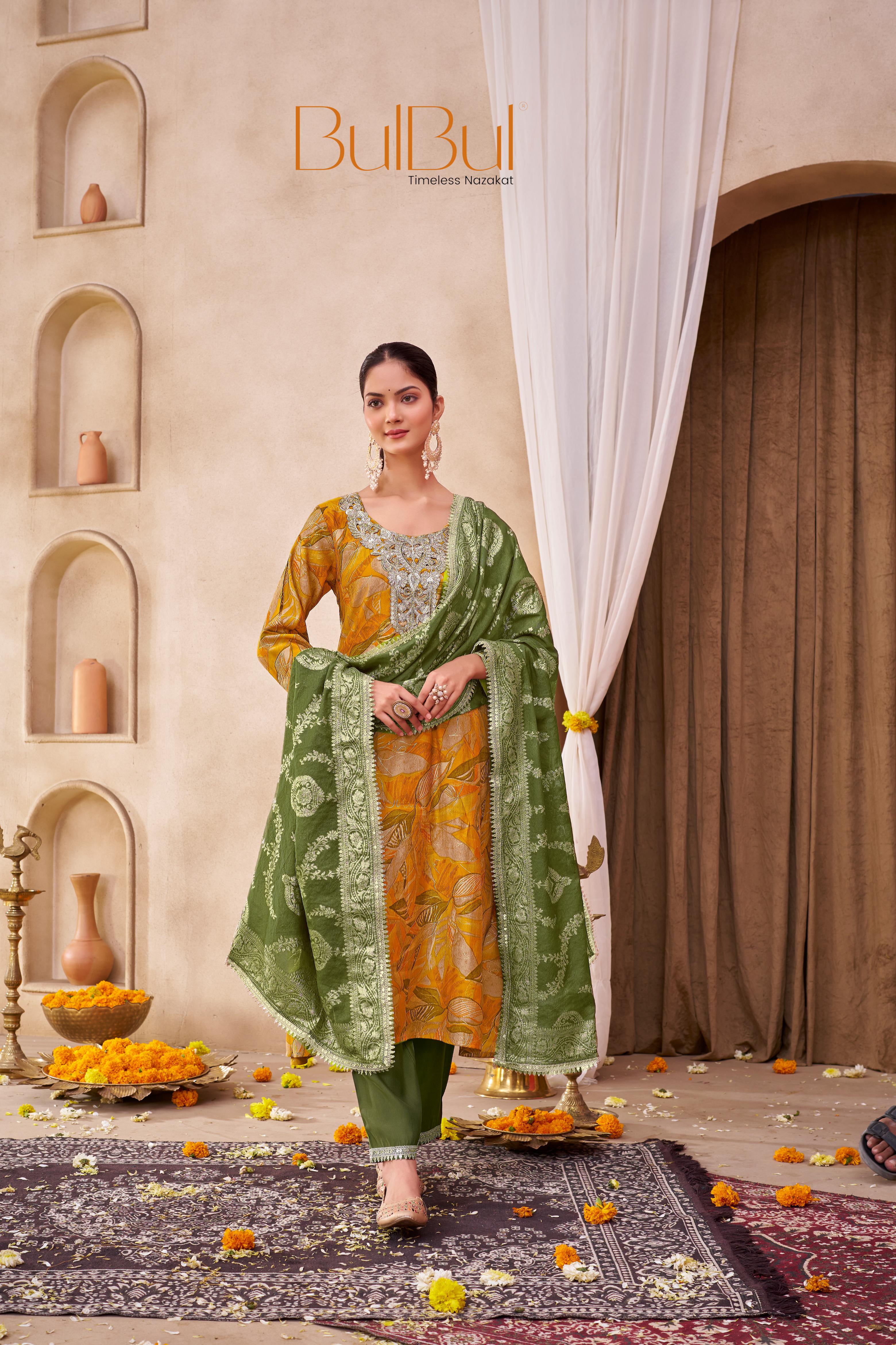 Rashmi Mustard Hand Zari and Sequins Embellished Work Suit Set in Chanderi Silk with Pure Cotton Mul Lining