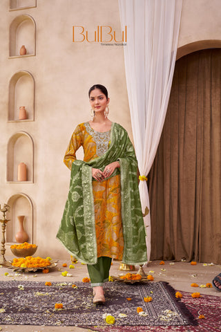 Rashmi Mustard Hand Zari and Sequins Embellished Work Suit Set in Chanderi Silk with Pure Cotton Mul Lining