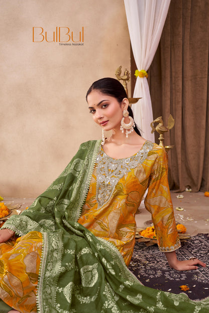 Rashmi Mustard Hand Zari and Sequins Embellished Work Suit Set in Chanderi Silk with Pure Cotton Mul Lining