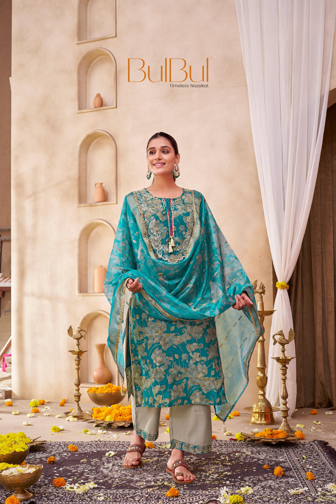 Shehnaaz Rama Hand Embellished Zari, Sequins & Moti Neck Work Suit Set with Tassel Detail in Chanderi Silk with Pure Cotton Mul Lining