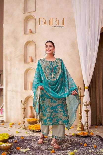 Shehnaaz Rama Hand Embellished Zari, Sequins & Moti Neck Work Suit Set with Tassel Detail in Chanderi Silk with Pure Cotton Mul Lining