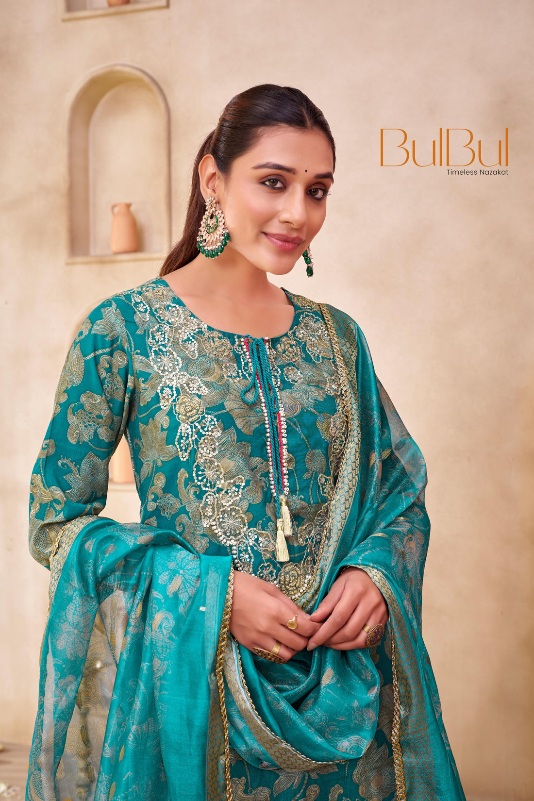 Shehnaaz Rama Hand Embellished Zari, Sequins & Moti Neck Work Suit Set with Tassel Detail in Chanderi Silk with Pure Cotton Mul Lining