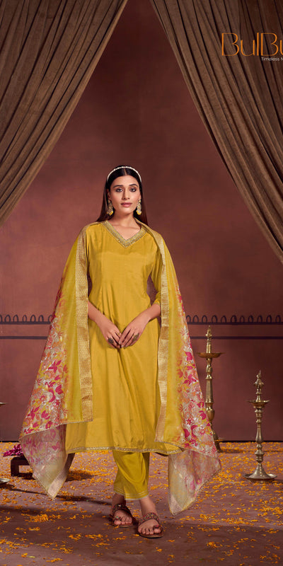 Shikha Muslin Mustard Kurta Set with Dupatta