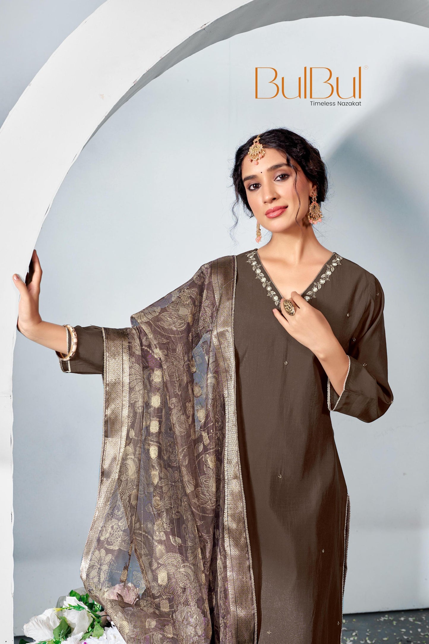 Nirjari Brown Silk Kurta Set with Dupatta