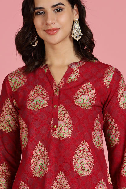Maroon Viscose Printed Kurti with Thread Embroidered Mandarin Collar and Sequin Detailing