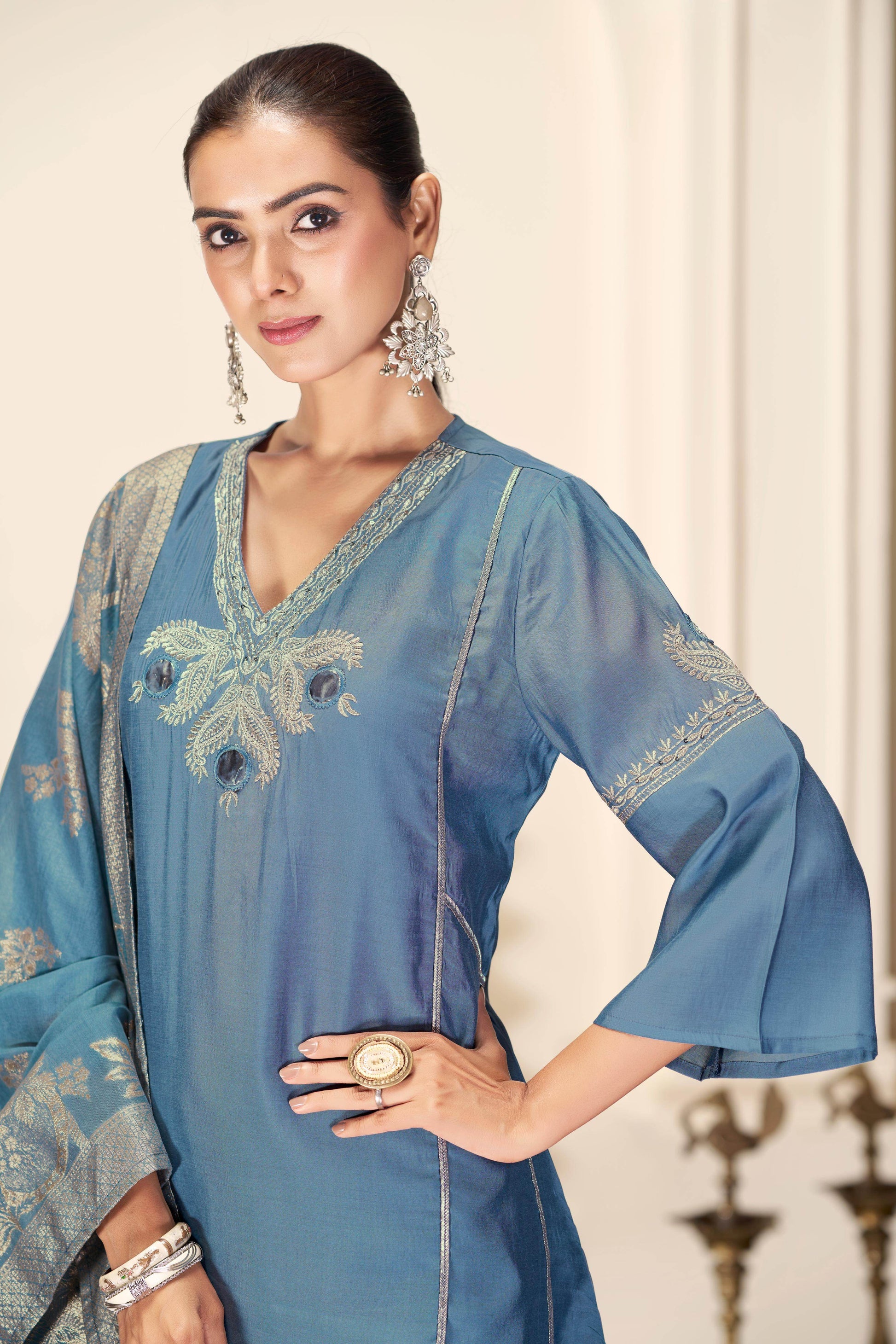 Shruti Iceblue Silk Kurta Set with Dupatta - BulBul