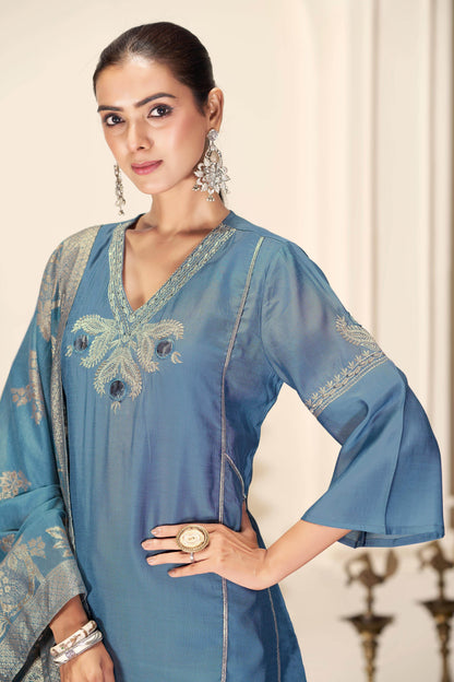 Shruti Iceblue Silk Kurta Set with Dupatta - BulBul