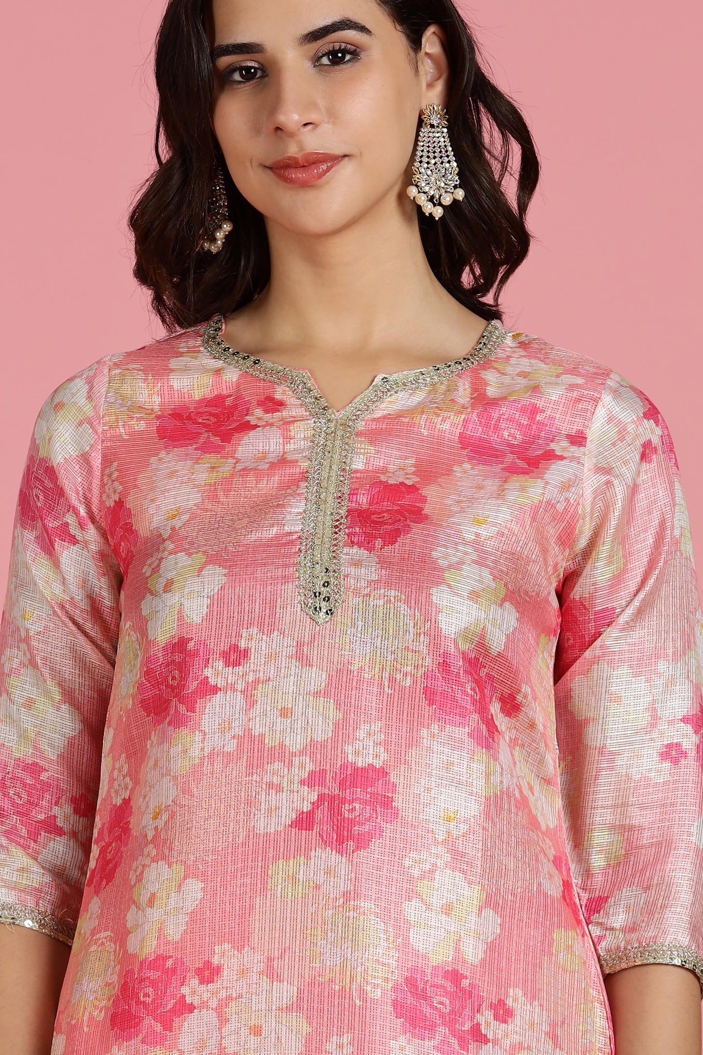 Women Peach Kota Doriya Kurta Set with Dupatta
