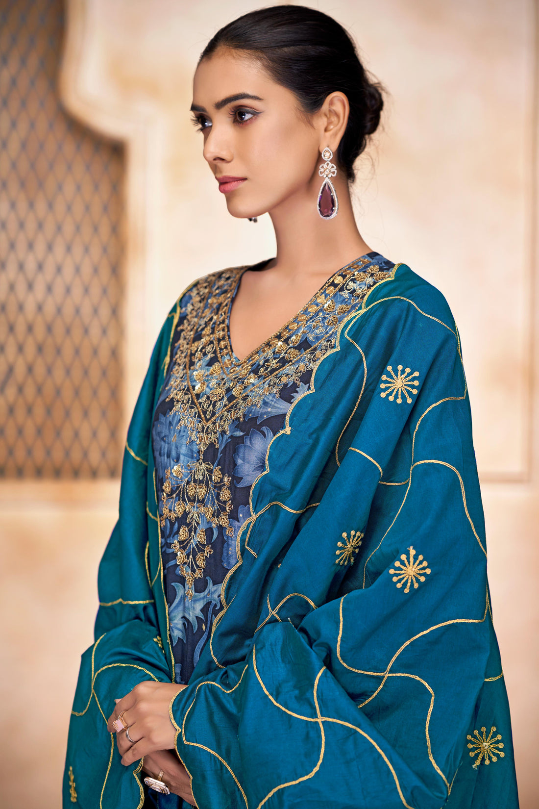 Rashmi Navy Hand Sequins and Bead Embellished Neckline and Zari Work Suit Set in Chanderi Silk with Pure Cotton Mul Lining