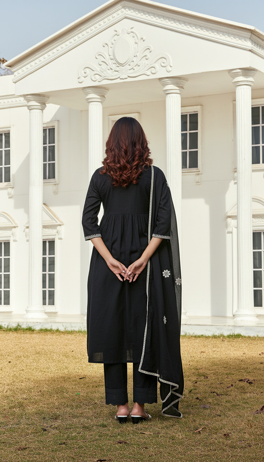 Pure Cotton  Linen Akanksha Black Kurta Set with Dupatta featuring Chikankari Embroidery and Buti Detailed Dupatta with Cotton Mul Lining