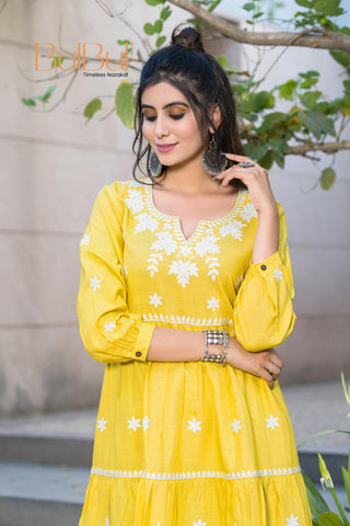 Dhawani Mustard Viscose Co-Ord Set with White Floral Thread Embroidery
