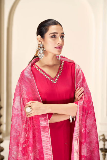 Nirjari Red Silk Kurta Set with Dupatta - BulBul