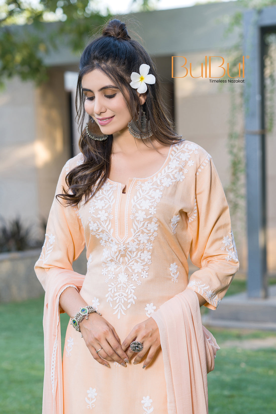 Meher Peach Rayon Kurta Set with Chikankari White Floral Embroidery and Dupatta