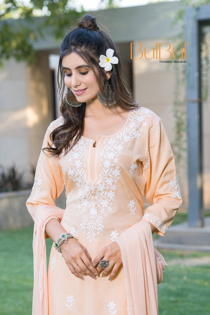 Meher Peach Rayon Kurta Set with Chikankari White Floral Embroidery and Dupatta