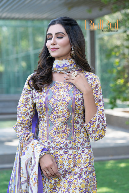 Pure Cotton Mustard Printed Kurta Set with Subtle Sequin Detail & Dupatta