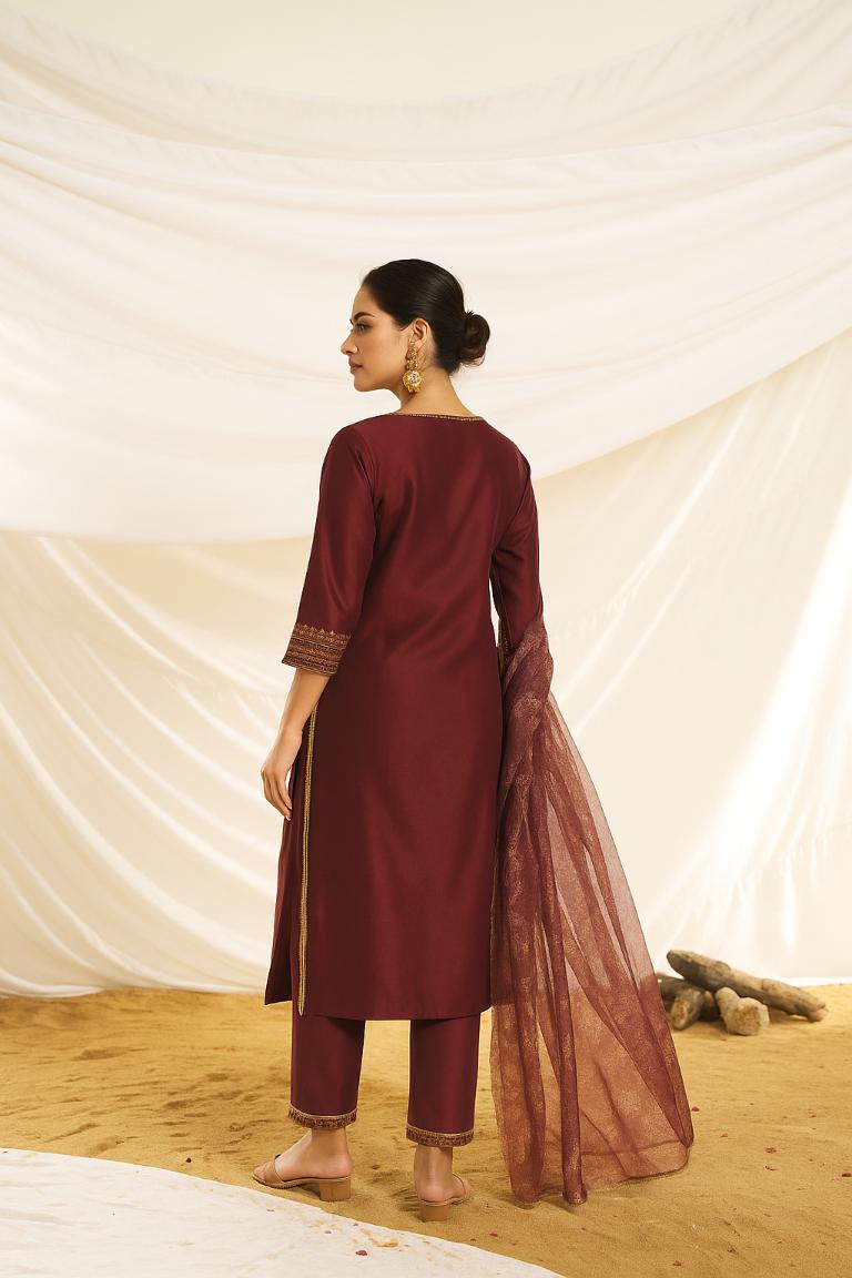 BulBul Women Kayra Maroon Embroidered Premium Silk Suit With Dupatta
