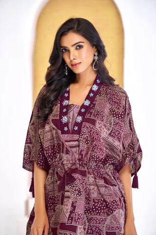 Hetal Wine Heritage Print Modal Chanderi Co-Ord Set with Bead, Patti Sequin and Crystal Appliqué Neckwork