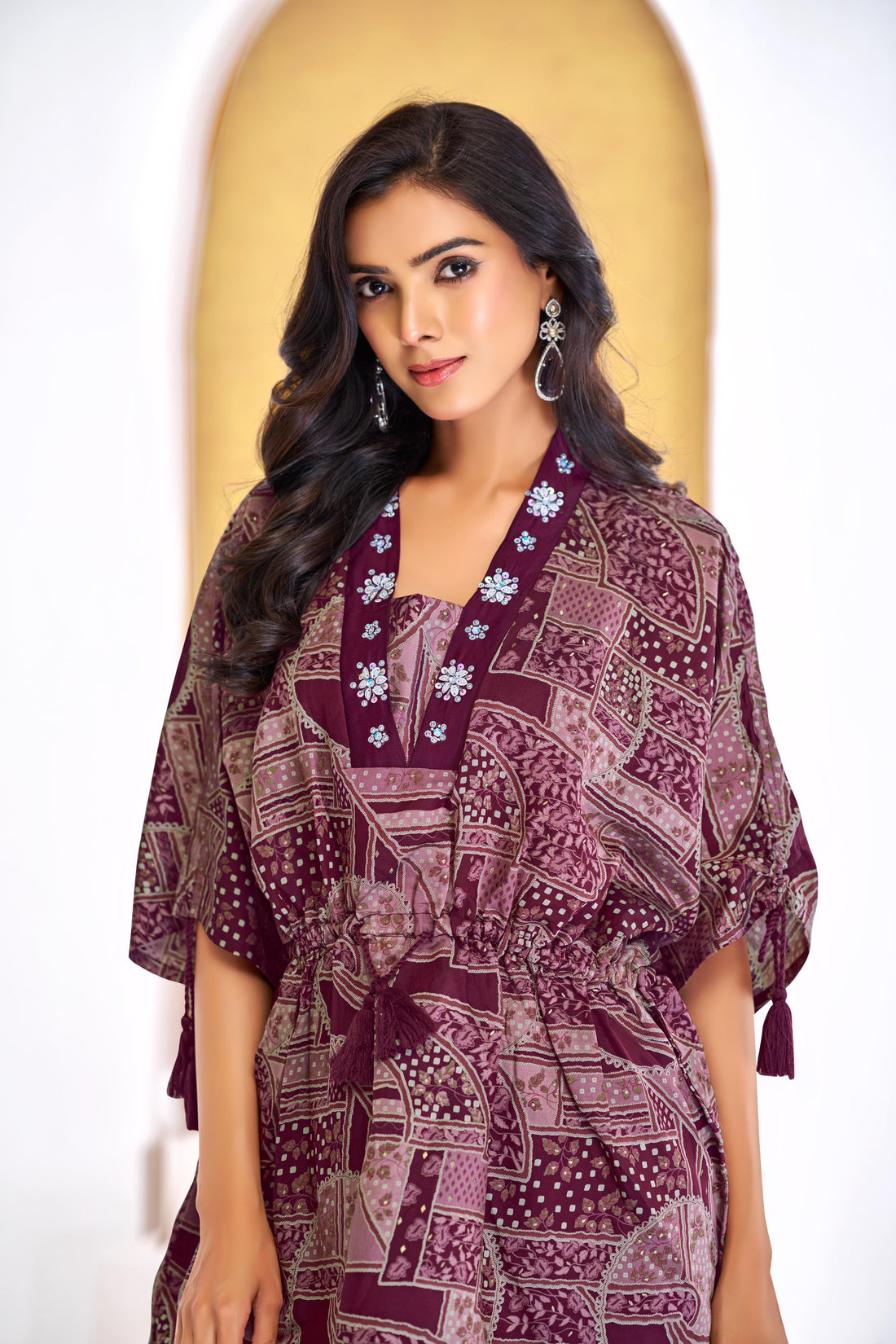 Hetal Wine Heritage Print Modal Chanderi Co-Ord Set with Bead, Patti Sequin and Crystal Appliqué Neckwork