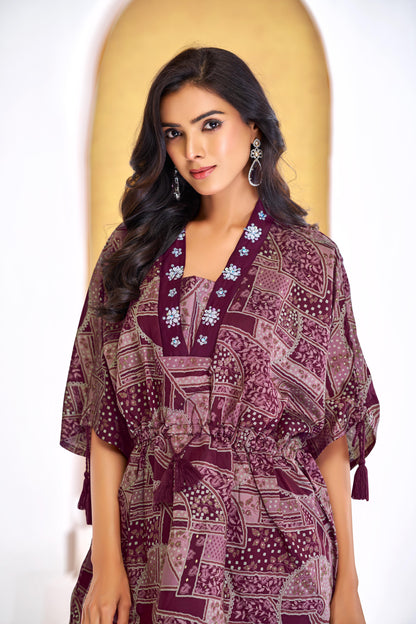 Hetal Wine Heritage Print Modal Chanderi Co-Ord Set with Bead, Patti Sequin and Crystal Appliqué Neckwork