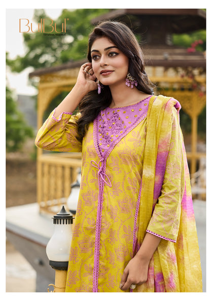 Printed Pure Karina Mustard Floral Cotton Kurta Set with Embroidered and Mirror Work Neckline, Tassel Detailing and Dupatta