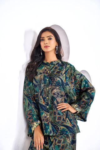 Mehzabin Teal Modal Chanderi Co-Ord Set with Zari Embroidered Sequin Cuffs and Statement Bell Sleeves