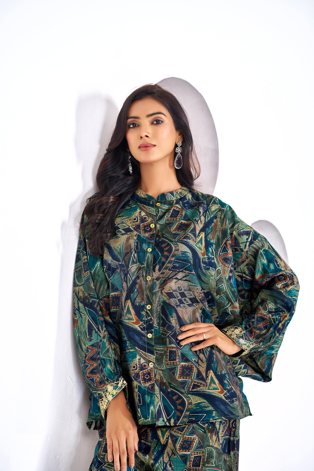 Mehzabin Teal Modal Chanderi Co-Ord Set with Zari Embroidered Sequin Cuffs and Statement Bell Sleeves