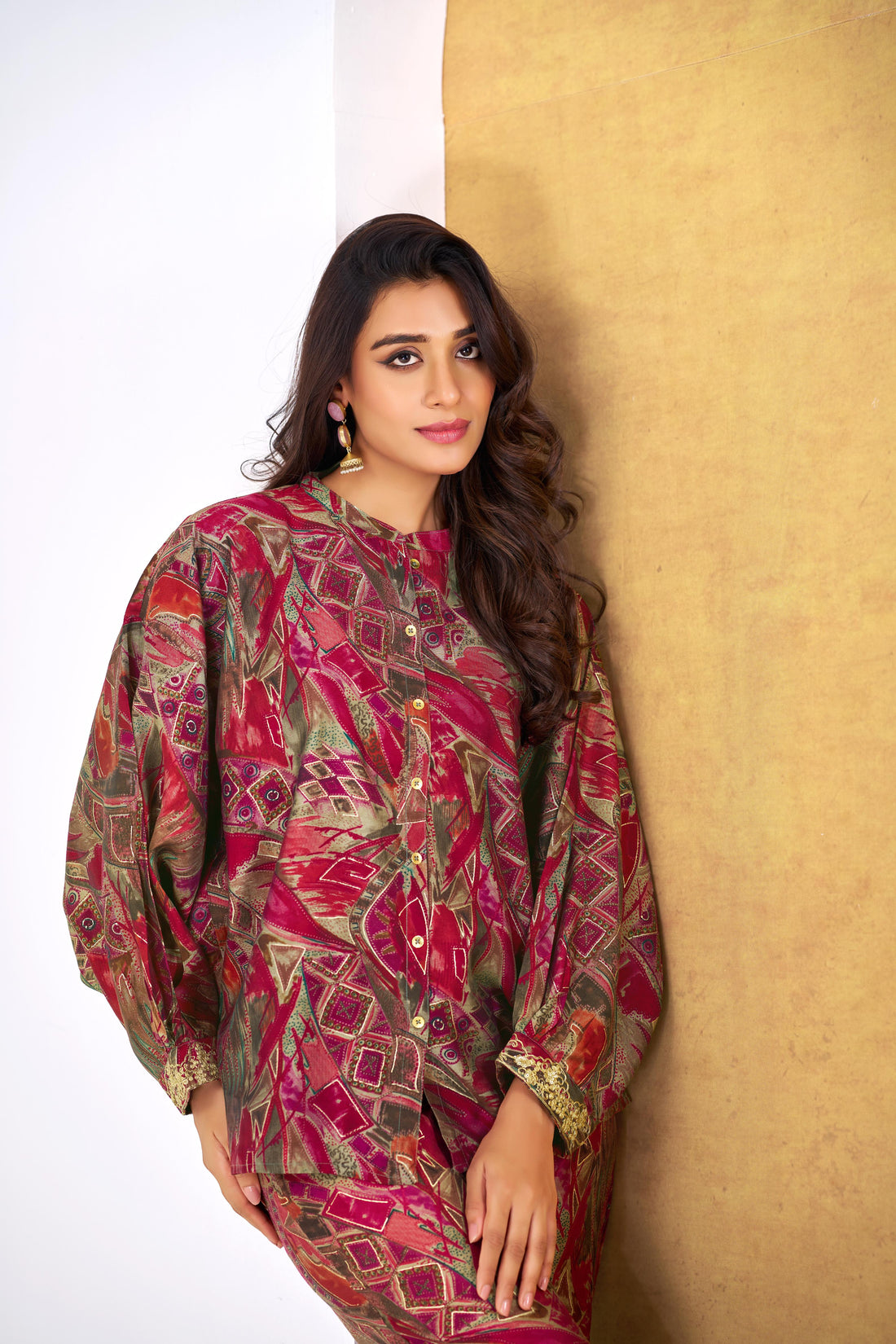 Mehzabin Red Modal Chanderi Co-Ord Set with Zari Embroidered Sequin Cuffs and Statement Bell Sleeves