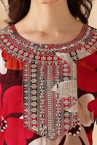 Roli Floral Printed Red Salwar Suit with Handcrafted Zari & Mirror Embroidered Neckline in Viscose