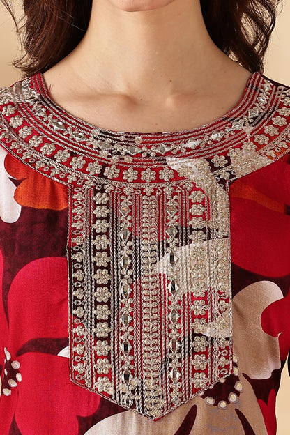 Roli Floral Printed Red Salwar Suit with Handcrafted Zari & Mirror Embroidered Neckline in Viscose