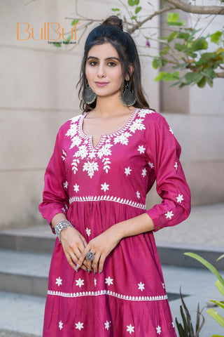 Dhawani Wine Viscose Co-Ord Set with White Floral Thread Embroidery
