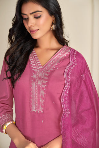 Ragini Pink Resham Thread & Sequin Embroidered Kurta Set with Sequin Dupatta in Chanderi Silk with Cotton Mul Lining