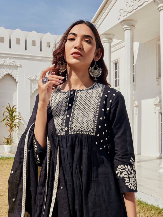 Abhilasha Pure Cotton Linen Black Kurta Set with Intricate Thread Embroidery and Mirror Accents, Embroidered Sleeves and Cotton Mul Lining