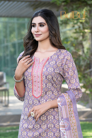 Pure Cotton Fashionista Purple Printed Kurta Set with Thread Embroidery, Mirror & Sequin Detailed Neck Panel and Dupatta