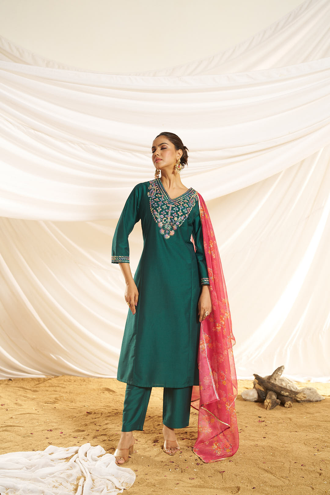 Kayra Green Multicolor Hand Embroidered Straight Fit Suit Set in Chinnon Silk with Pure Cotton Mul Lining
