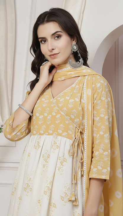 Nisha Off White Floral Printed Pure Cotton Angrakha Kurta Set with Cotton Mul Lining and Subtle Glass Bugle Handwork with Dupatta