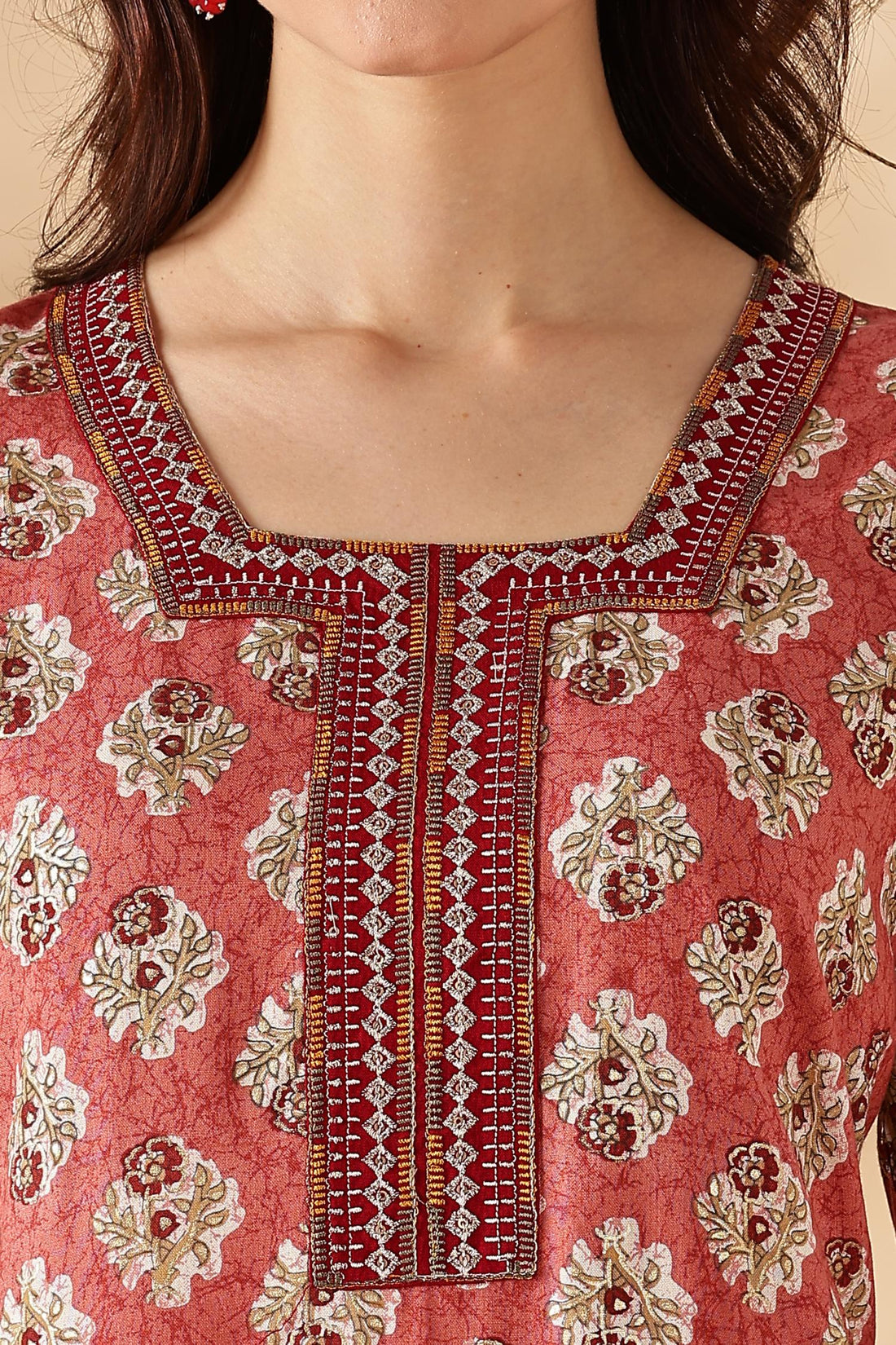 Shamaira Rust Ethnic Printed Salwar Suit with Thread Embroidered Neck Panel in Viscose