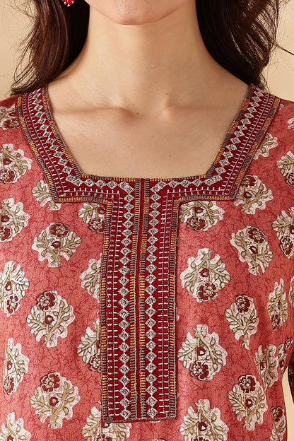 Shamaira Rust Ethnic Printed Salwar Suit with Thread Embroidered Neck Panel in Viscose