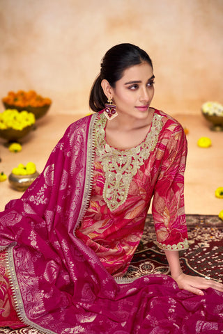 Rashmi Fuchsia Hand Zari and Sequins Embellished Work Suit Set in Chanderi Silk with Pure Cotton Mul Lining