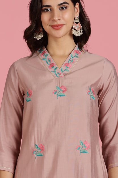 The Suitable Blush Pink Chanderi Silk Kurta Set for Women | Floral Kurta with Zari & Sequin Hand Embellished Neckline | Cotton Mul Lining | Straight Kurta Pant with Dupatta | Festive Ethnic Suit Set