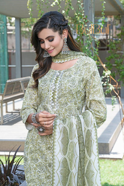 Pure Cotton Green Floral Printed Kurta Set with Silver Zari Thread & Sequin Embroidered Placket