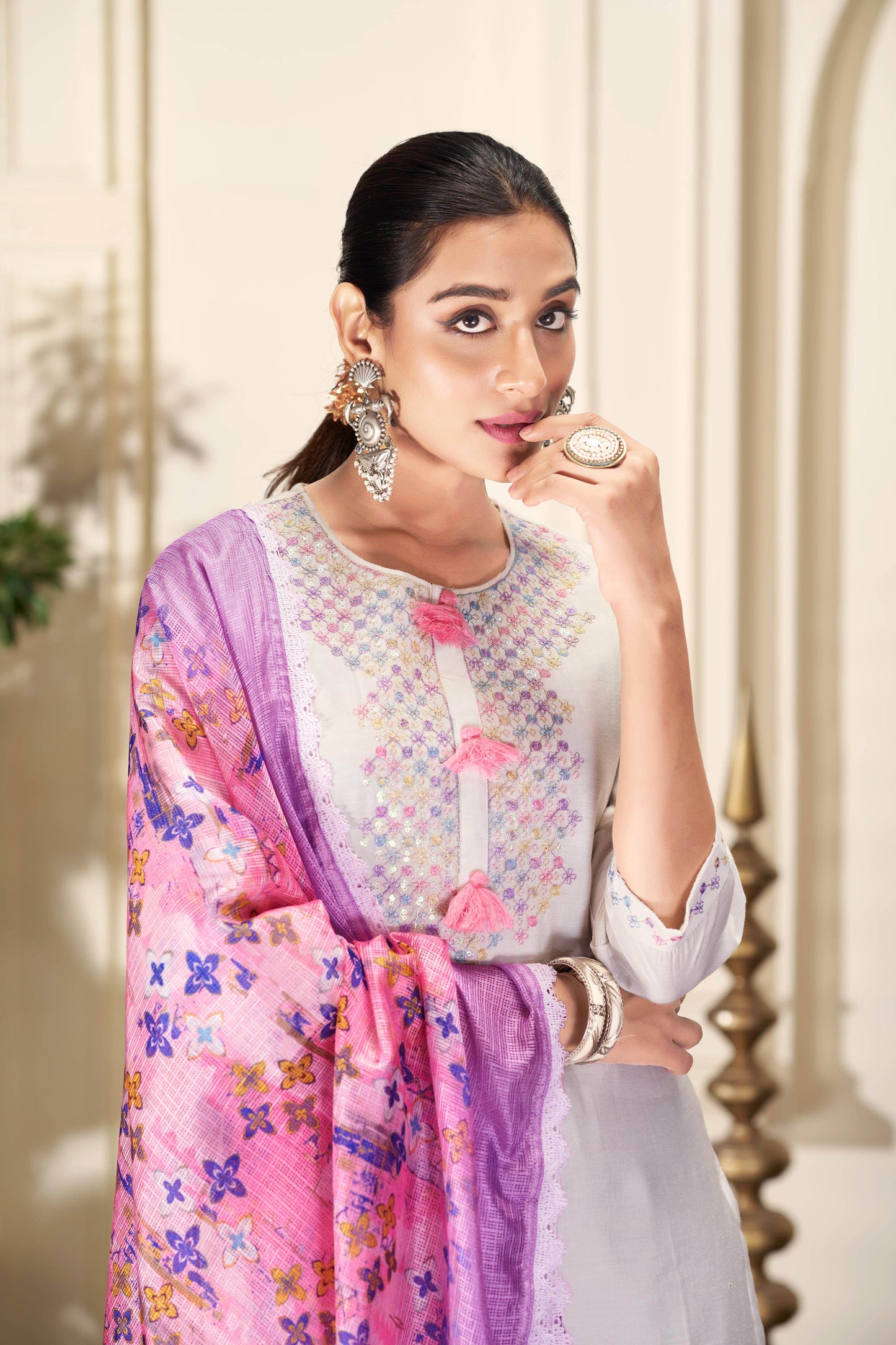 Bhumi Offwhite Silk Kurta Set with Dupatta - BulBul