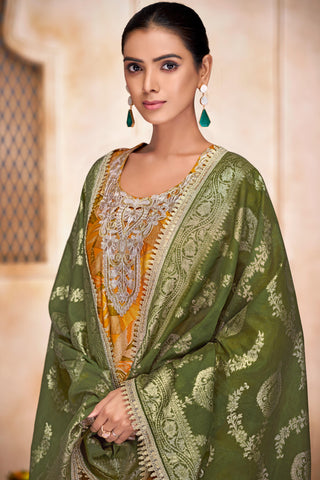 Rashmi Mustard Hand Zari and Sequins Embellished Work Suit Set in Chanderi Silk with Pure Cotton Mul Lining