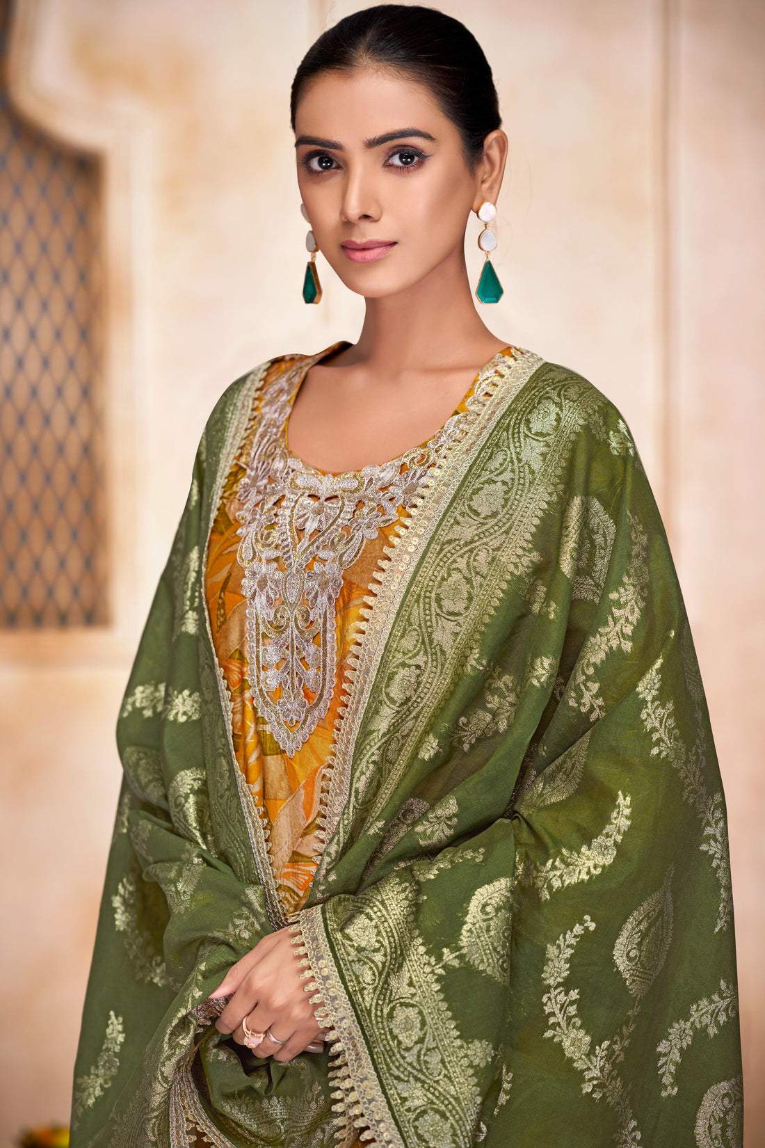 Rashmi Mustard Hand Zari and Sequins Embellished Work Suit Set in Chanderi Silk with Pure Cotton Mul Lining