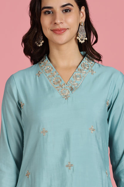 Sky Blue Chanderi Silk Kurta Set with Zari Embroidered Neckline, Sequin Detailing and Cotton Mul Lining