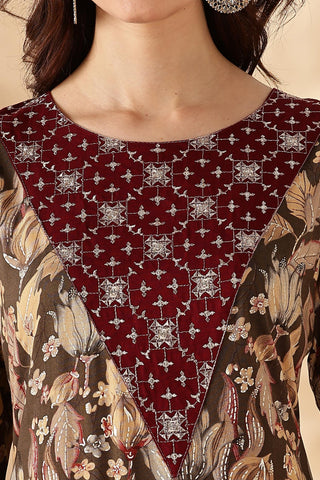 Areba Wine & Teal Printed Salwar Suit with Intricate Zari Lattice Hand Embroidery Neck Panel in Viscose